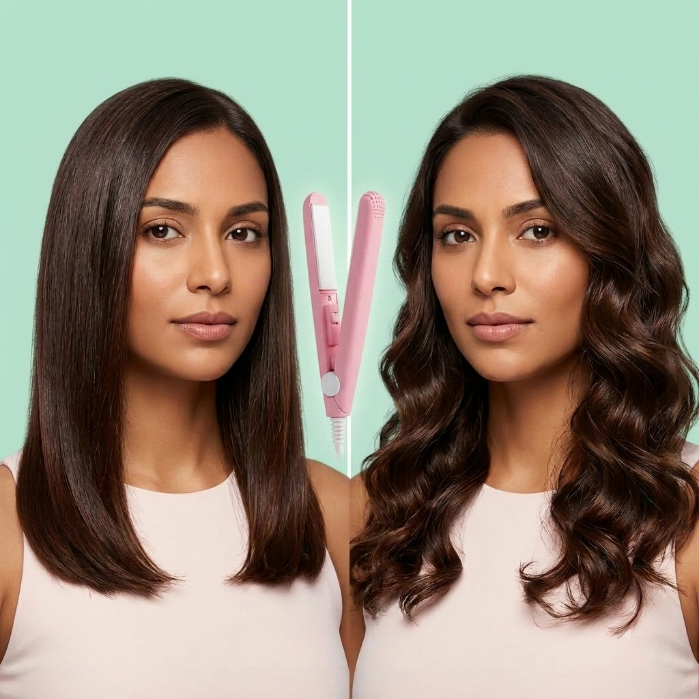 Mulher com cabelo liso e brilhante usando o Mini Alisador 2em1