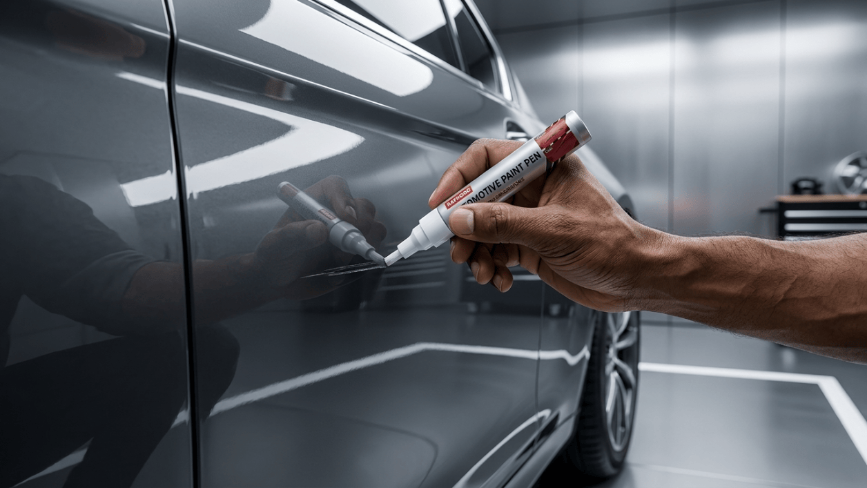 Rotulador de retoque eliminando un arañazo y protegiendo la pintura del coche