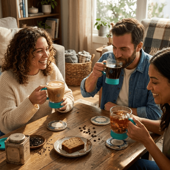 Grupo de amigos compartiendo bebidas calientes y cremosas con las tazas autocalentables