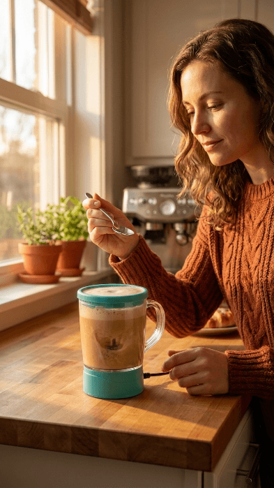 Mujer observando el efecto vórtice en el café de la taza autocalentable eléctrica