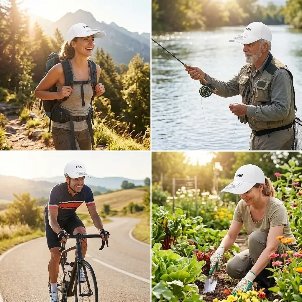 Personas usando la gorra con ventilador en diferentes actividades al aire libre
