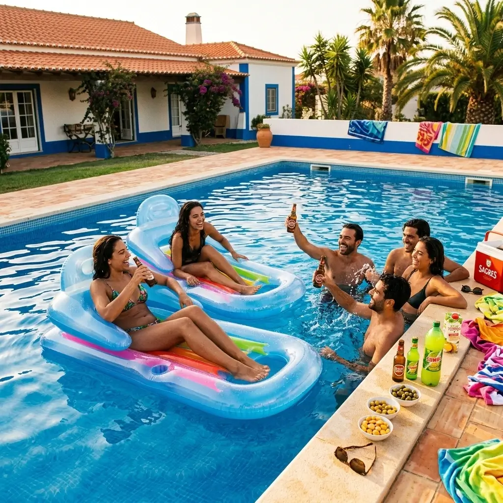 Amigos relajándose en la piscina