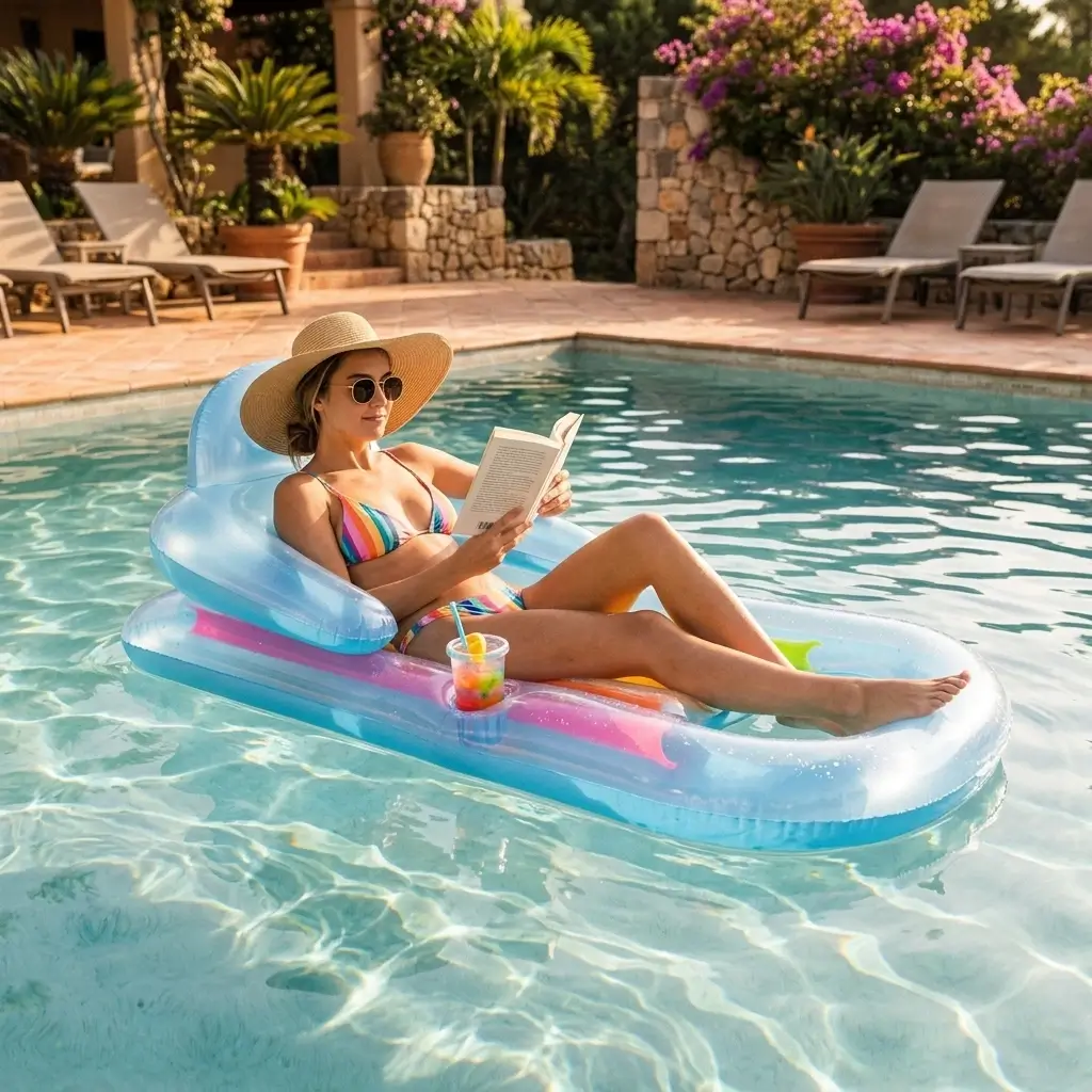Mujer tomando el sol reclinada en el colchón flotante