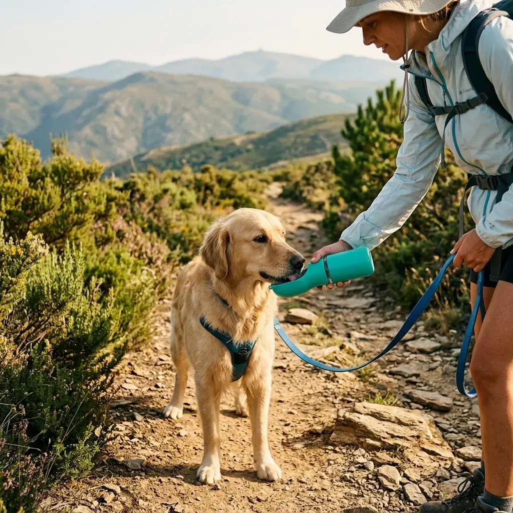 Perro hidratándose en un paseo al aire libre