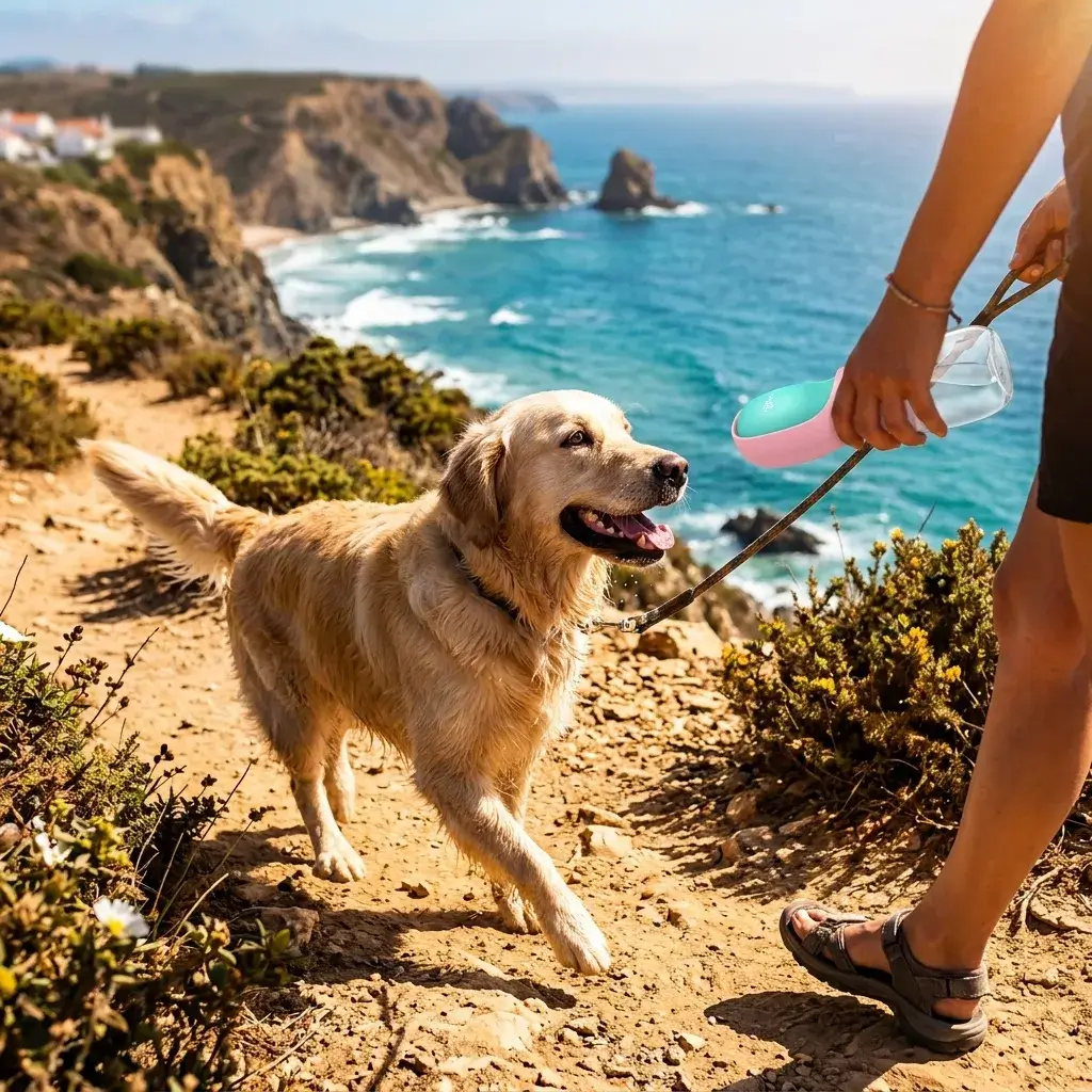 Perro hidratado y activo en una caminata de verano