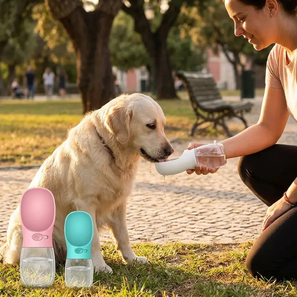 Momento feliz: perro hidratándose al aire libre con su dueño