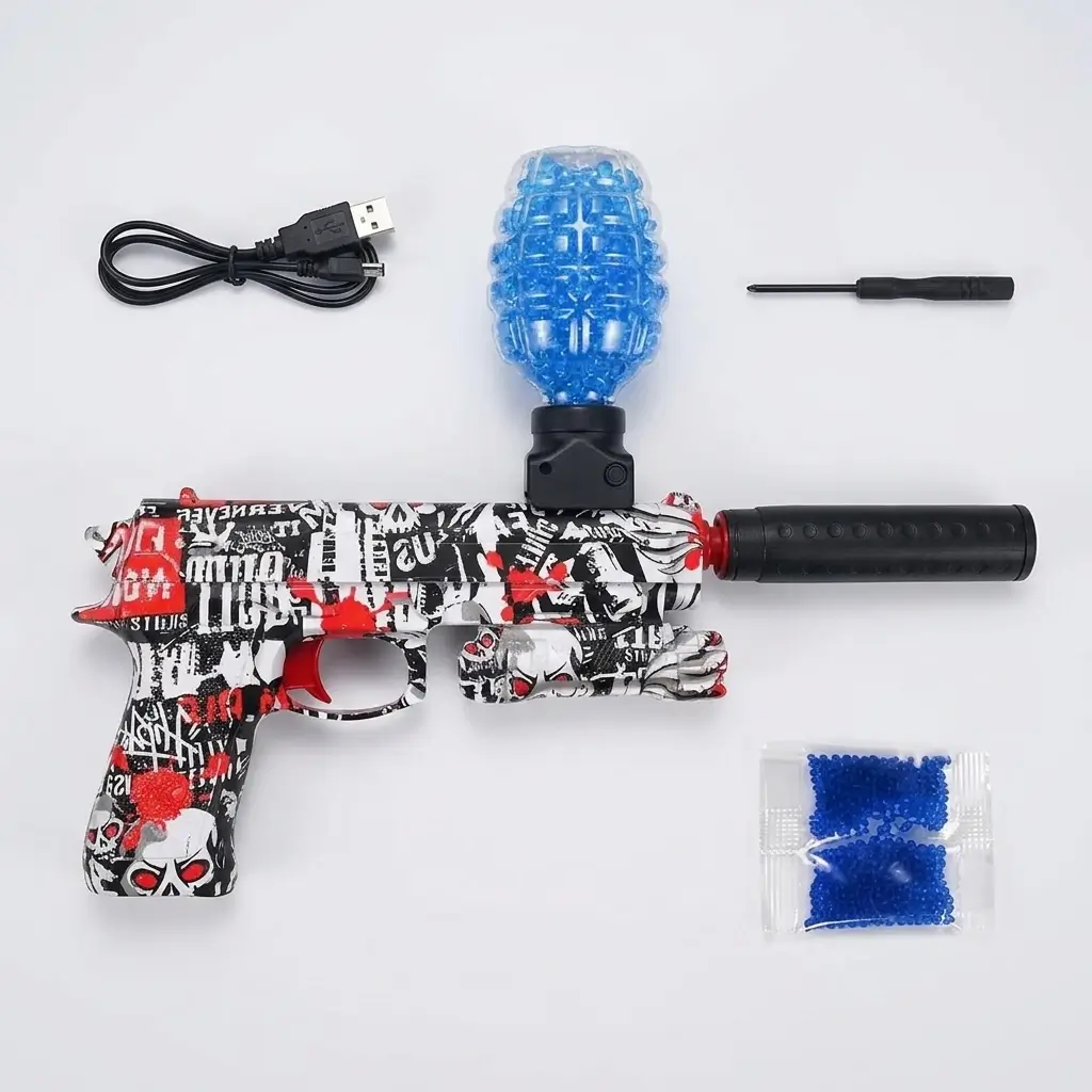 Pack completo: gel blaster, cabo USB, chave e munição de gel
