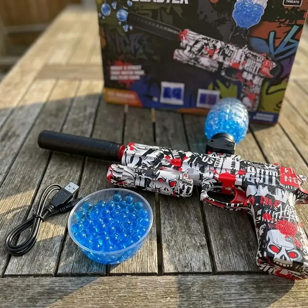 Pack do gel blaster com bolinhas de gel e cabo USB