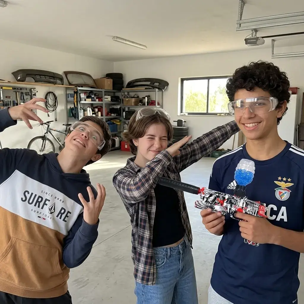 Cliente a segurar o gel blaster com acabamento graffiti