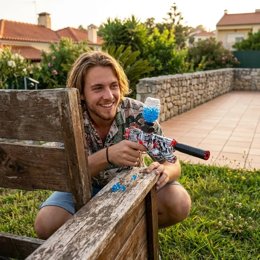 Jovem a jogar ao ar livre com o gel blaster