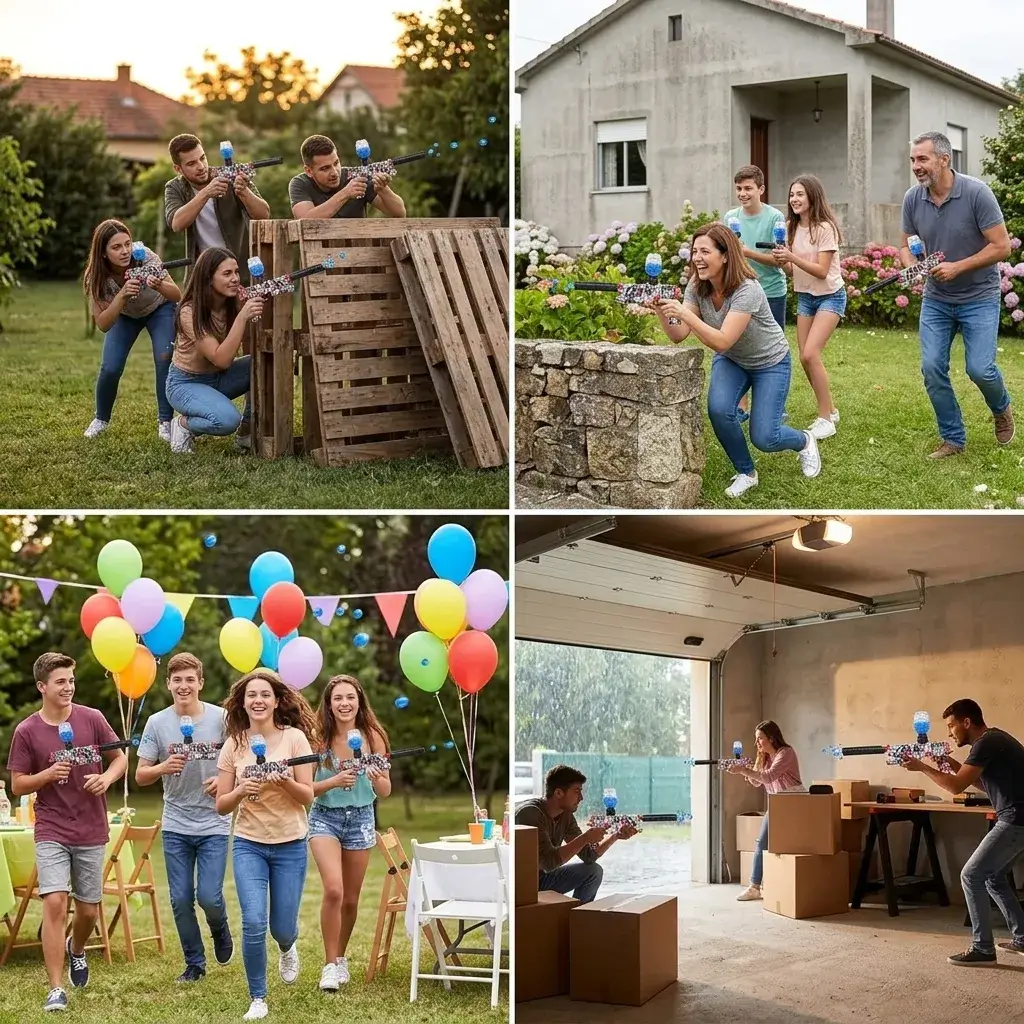 Quatro situações de jogo: quintal, jardim em família, festa de aniversário e garagem coberta