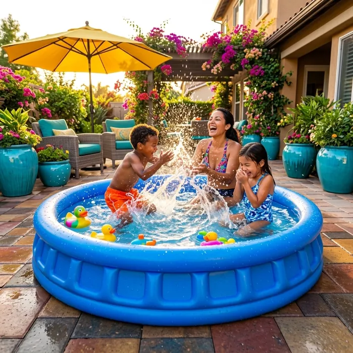 Piscina SIDE POOL montada num quintal português com família a refrescar-se