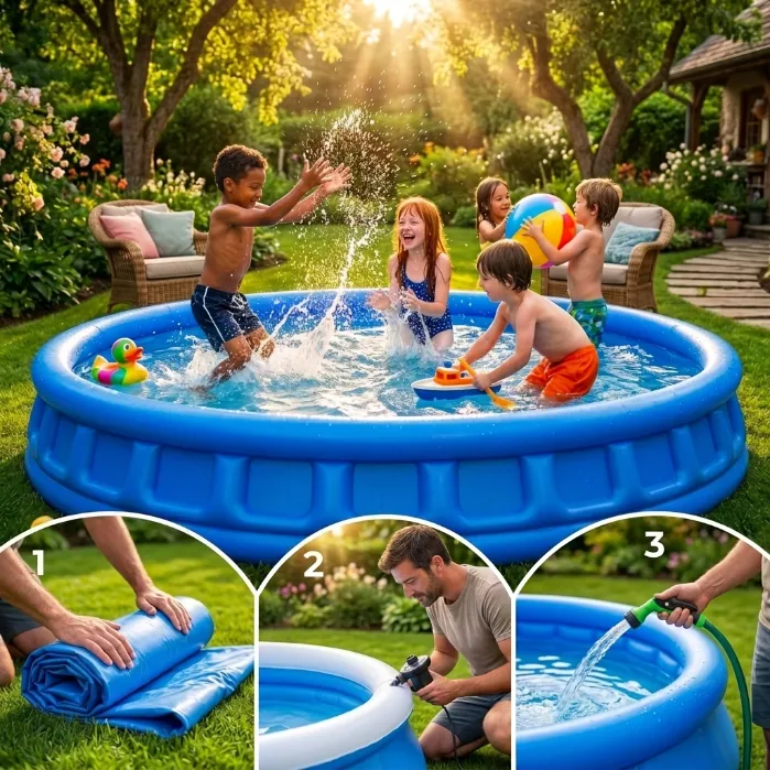 Montagem da piscina SIDE POOL em três passos simples no jardim