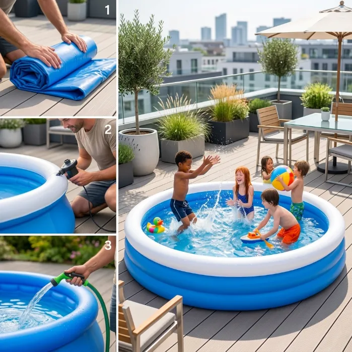 Secuencia de montaje rápido de la piscina SIDE POOL en una terraza