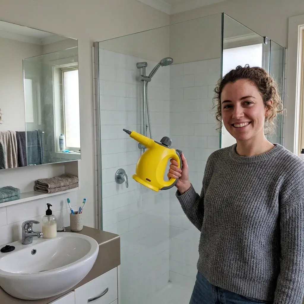 Cliente con il pulitore a vapore davanti al box doccia pulito