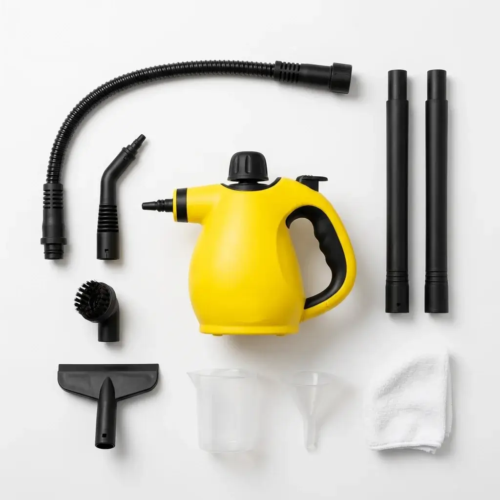Kit completo di 9 accessori disposto intorno al pulitore a vapore