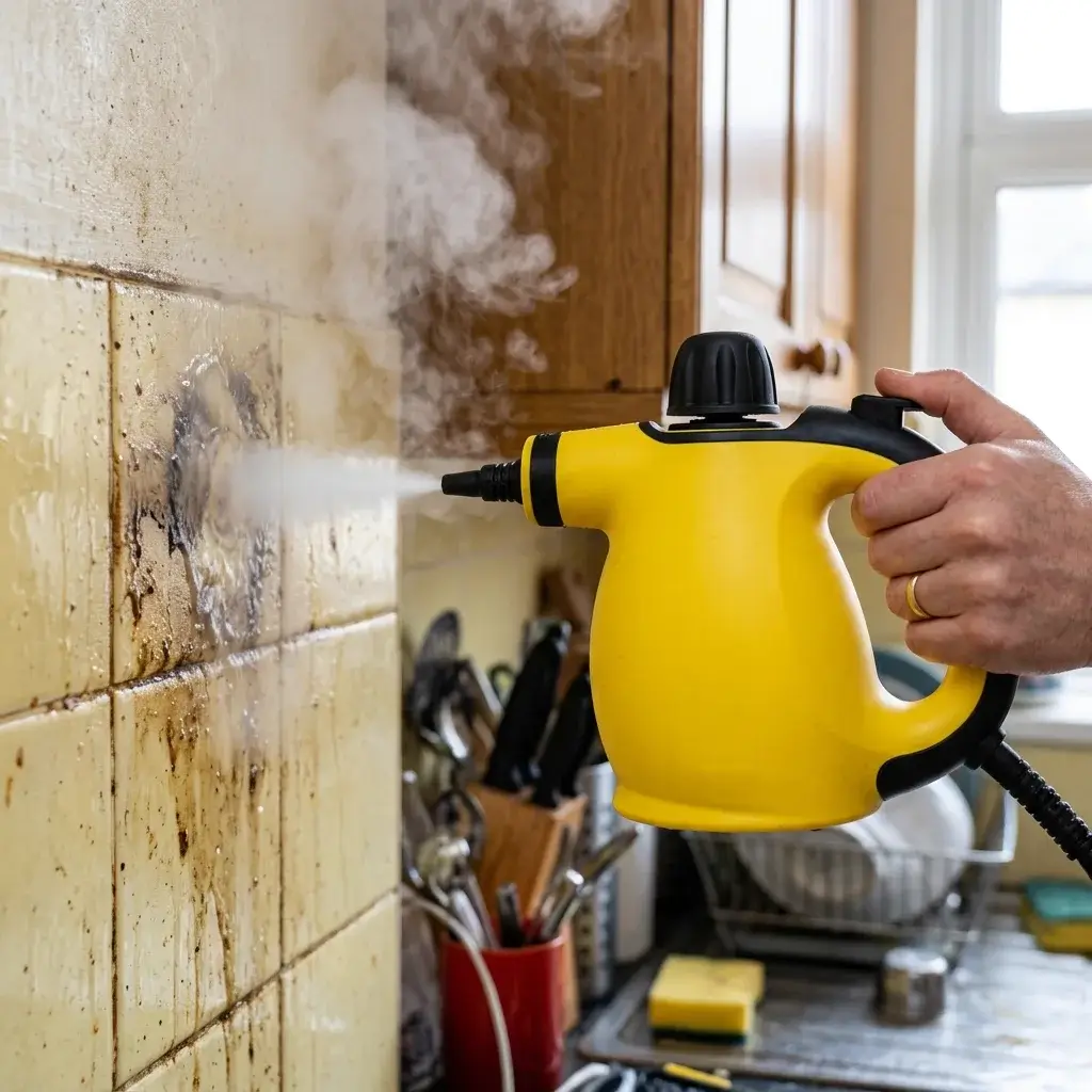Vapore che rimuove il grasso ingiallito dalle piastrelle della cucina