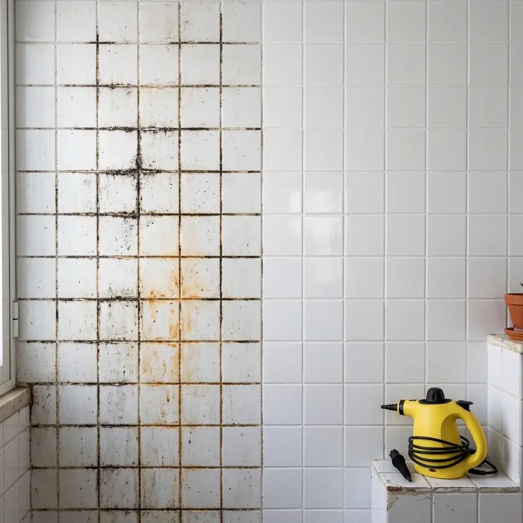 Parede de azulejos da casa de banho com metade com juntas escurecidas e metade limpa