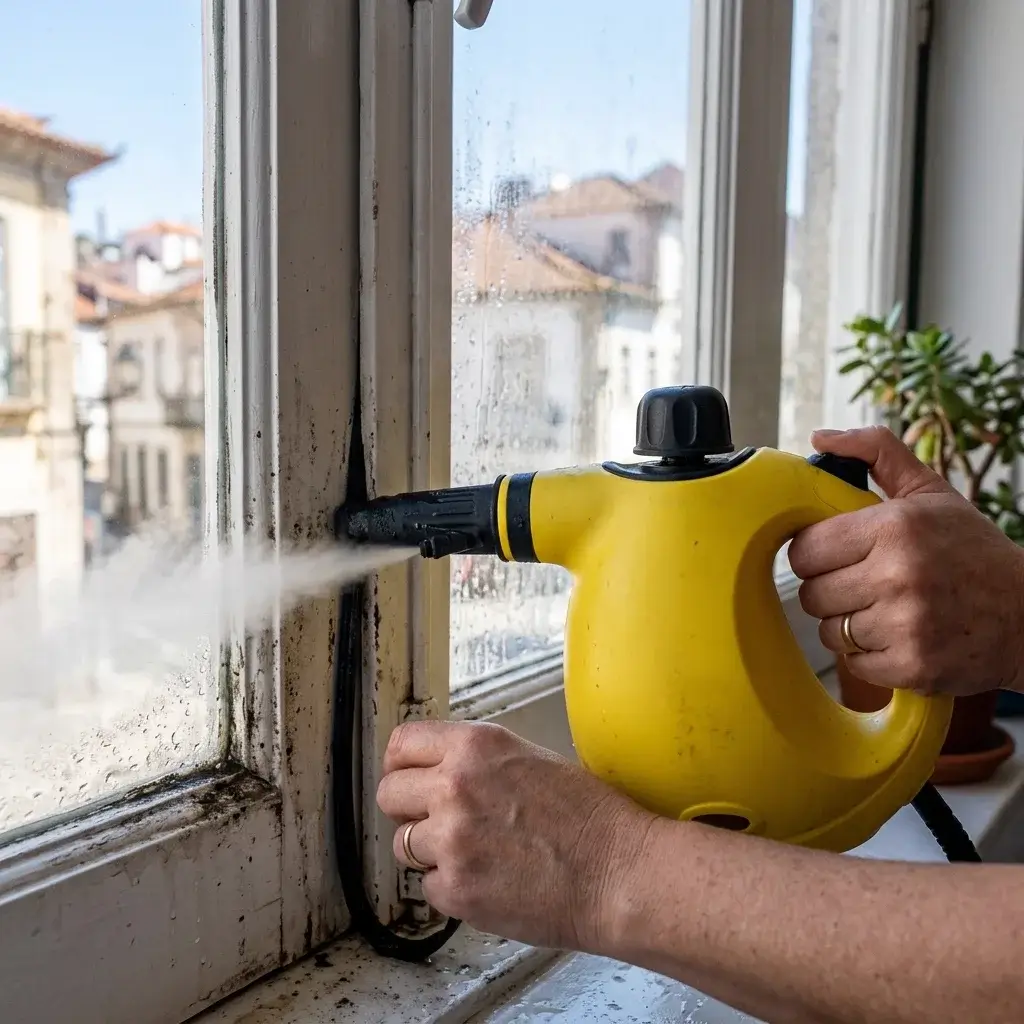 Vaporizador a limpar o aro e a borracha de uma janela