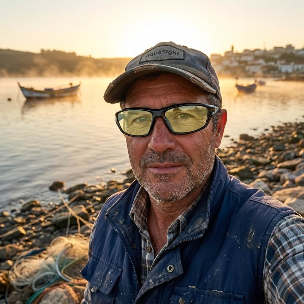 Pescatore che usa AquaSight all'alba con lente gialla