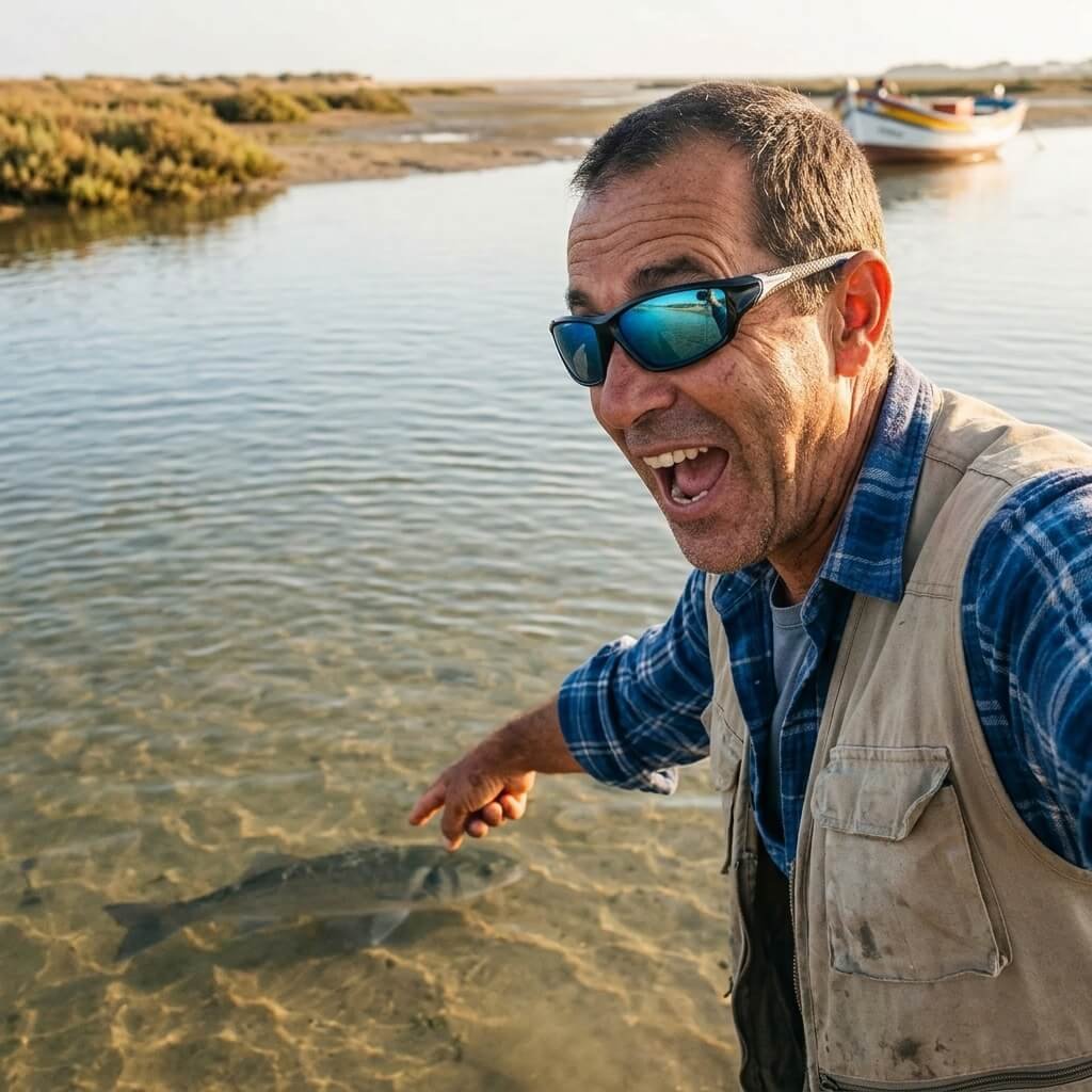 Pescatore che indica un pesce visibile nell'acqua con AquaSight