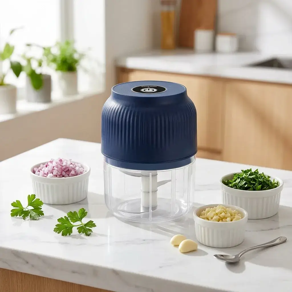 Mini Chopper aperto con le tre lame in acciaio inox