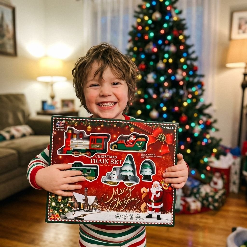 Bambino sorridente con la scatola del trenino di Natale in mano, vicino all'albero