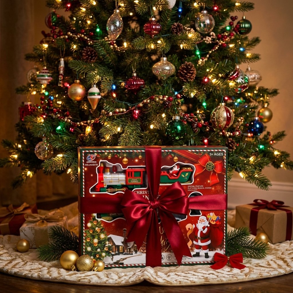 Scatola del trenino di Natale con fiocco rosso sotto l'albero