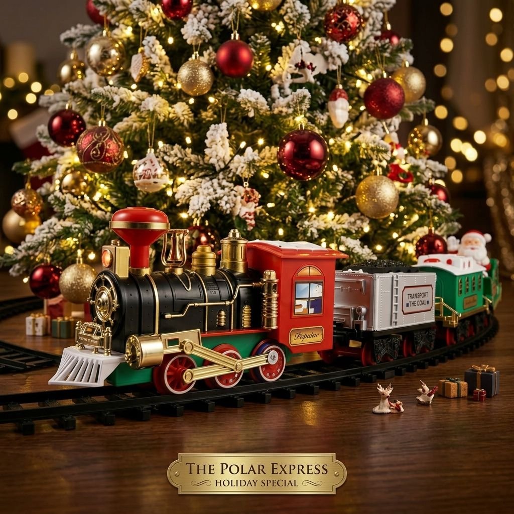 Locomotiva classica e vagoni del trenino di Natale vicino all'albero illuminato