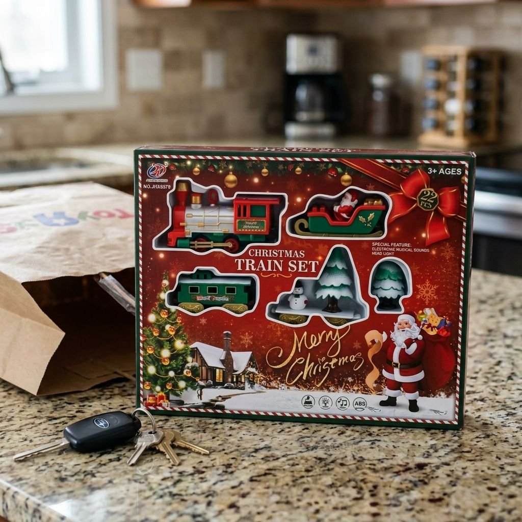 Foto del cliente Nicola: scatola del trenino di Natale appena arrivata, sul piano della cucina