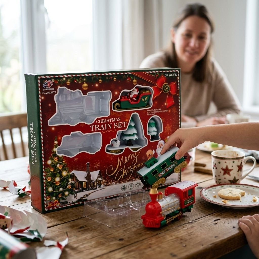 Foto della cliente Sofia: apre la scatola del trenino di Natale a tavola