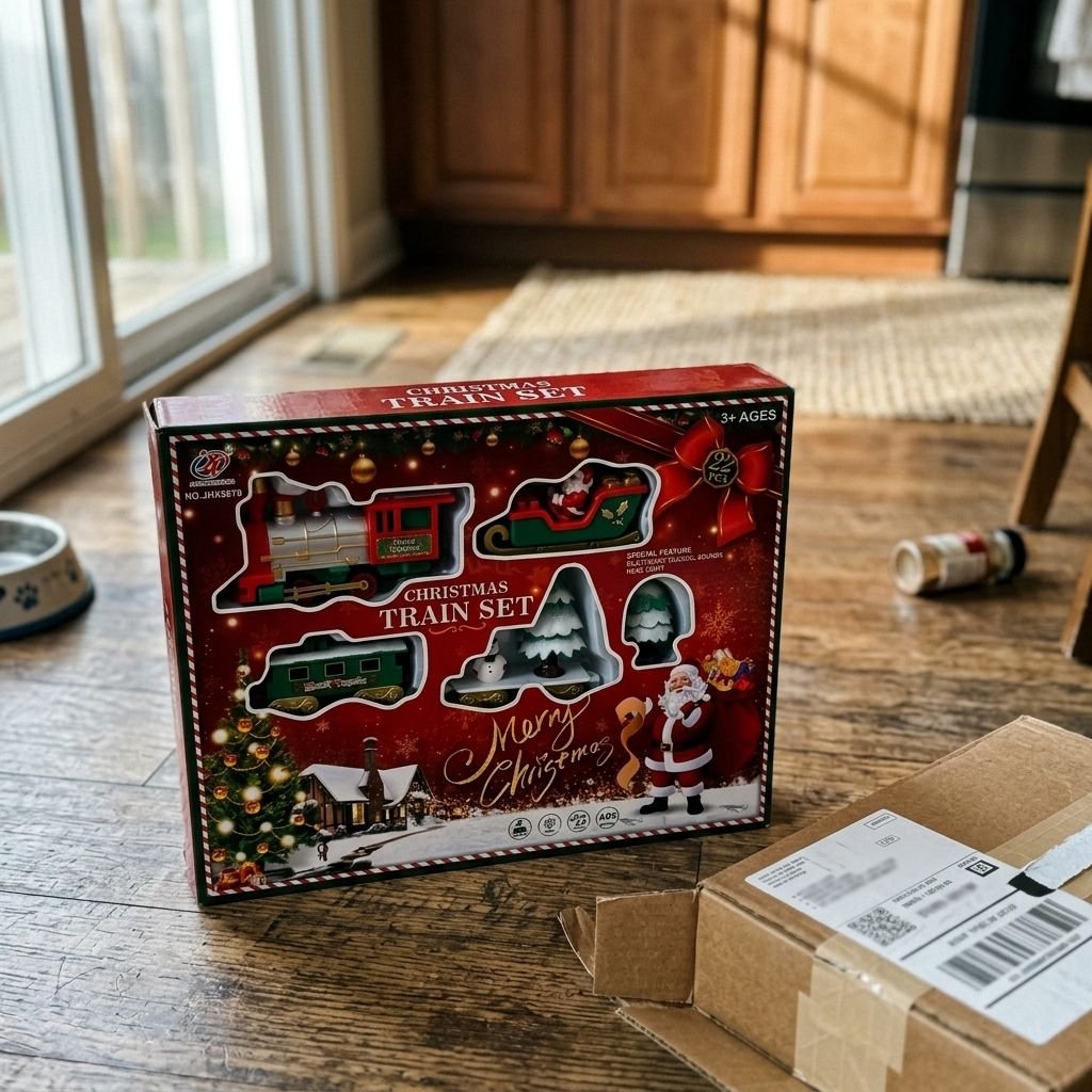 Foto della cliente Anna: scatola del trenino di Natale ricevuta, accanto al pacco di spedizione