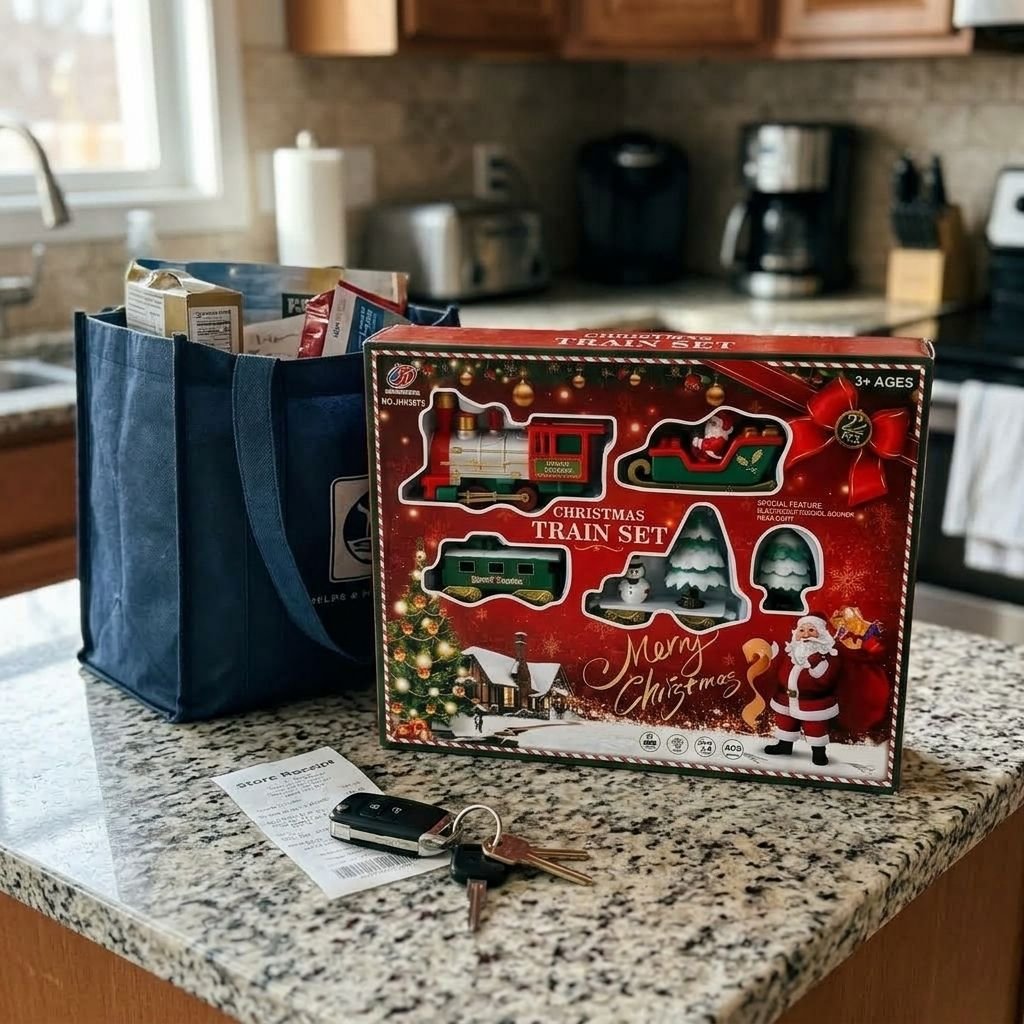 Foto della cliente Chiara: scatola del trenino di Natale sul piano, accanto alla borsa della spesa