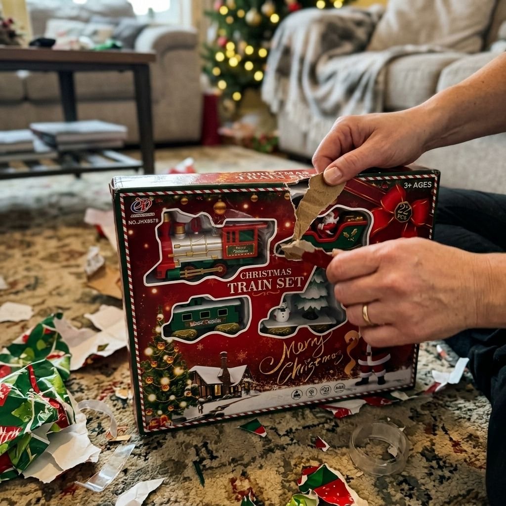 Foto del cliente Riccardo: apre la scatola del trenino di Natale in salotto