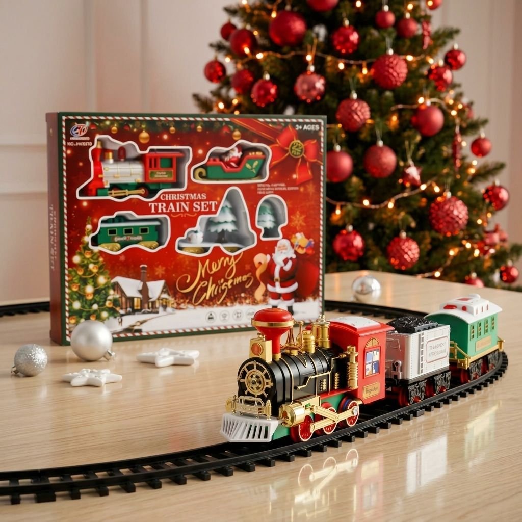 Scatola del trenino di Natale e il trenino montato sui binari, vicino all'albero di Natale