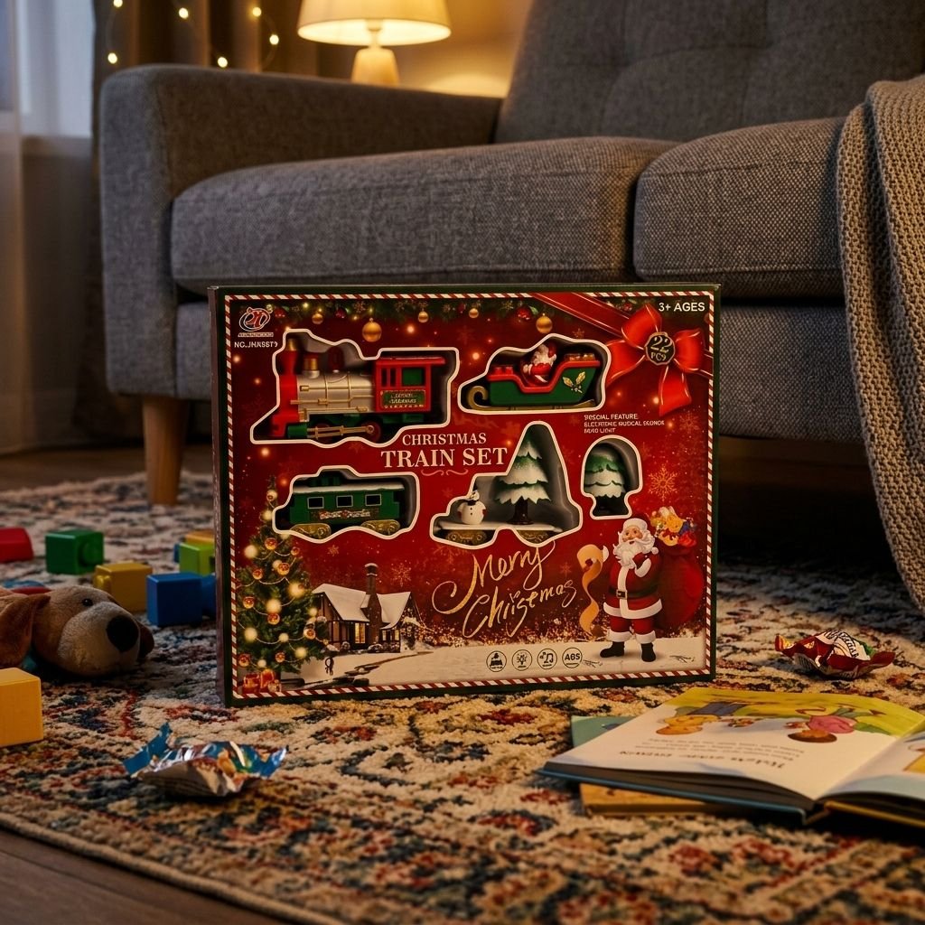 Scatola del trenino di Natale sul tappeto del salotto