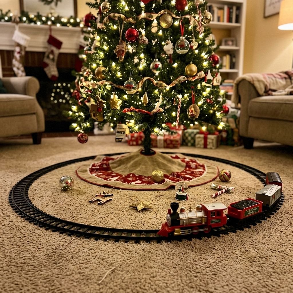 Pista circolare del trenino di Natale montata intorno all'albero