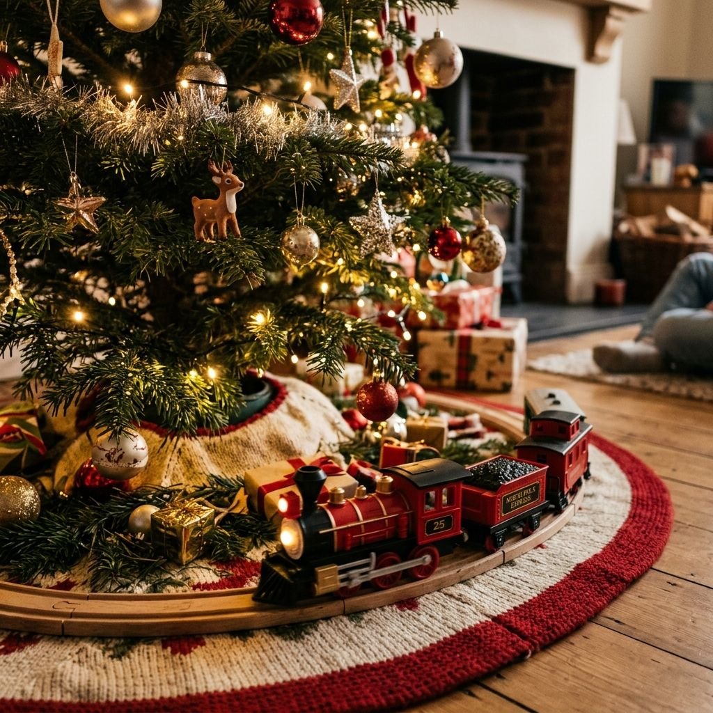 Trenino di Natale che passa ai piedi dell'albero illuminato