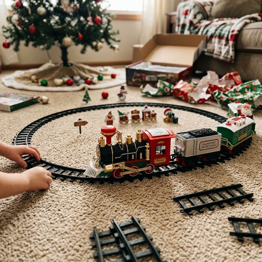 Mani di bambino che montano i binari del trenino di Natale sul tappeto del salotto