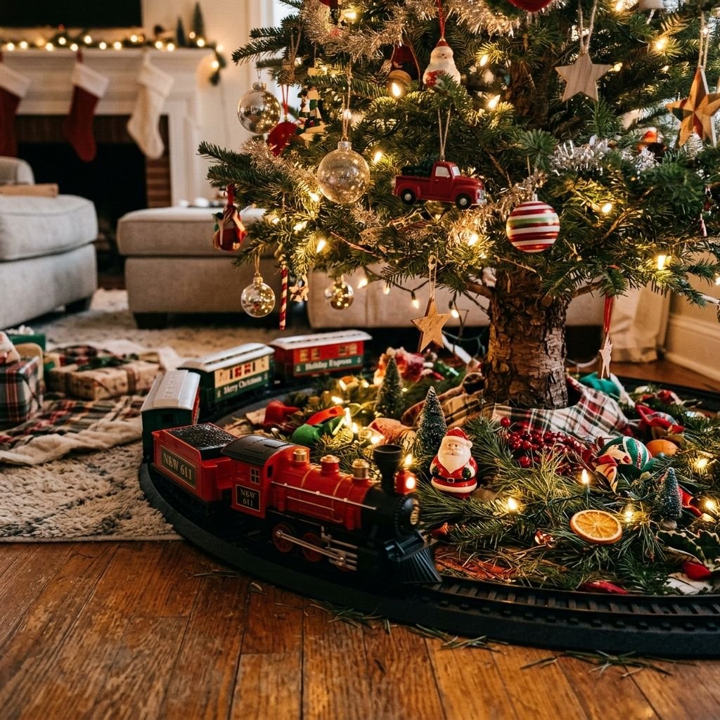 Trenino di Natale che gira intorno all'albero, tra luci e regali