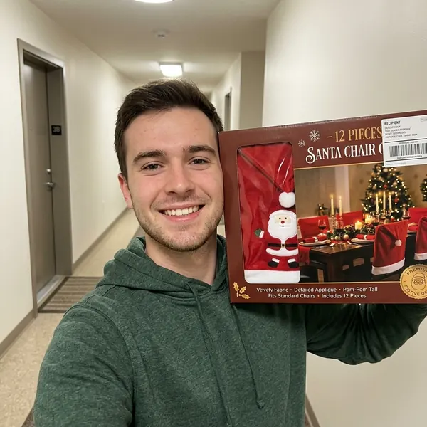 Cliente che si scatta un selfie con la scatola del kit di coprisedie di Babbo Natale