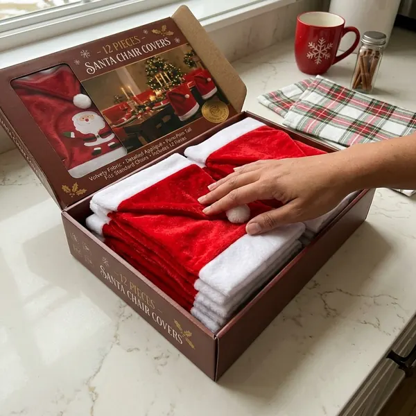 Mano che apre la scatola e mostra i coprisedie in velluto rosso e bianco