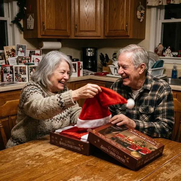 Coppia di nonni che ride mentre apre il kit e prova un coprisedia a cappello di Babbo Natale