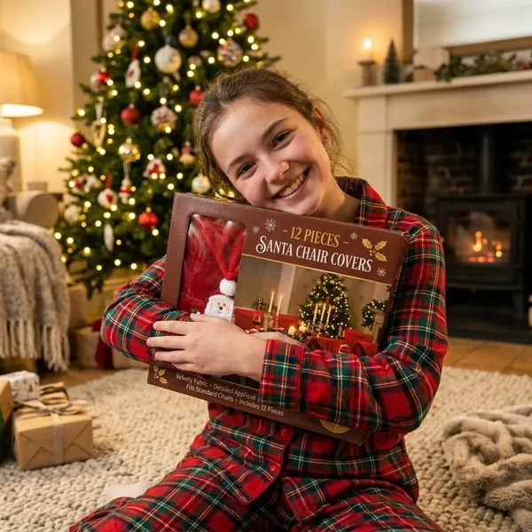 Bambina in pigiama natalizio che abbraccia la scatola del kit di coprisedie vicino all'albero