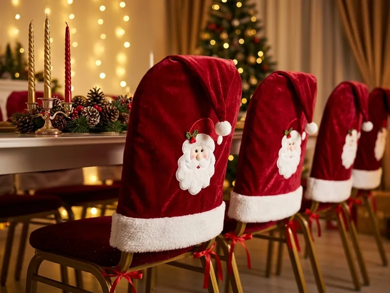 Fila di sedie con coprisedie a cappello con applicazione di Babbo Natale e pompon