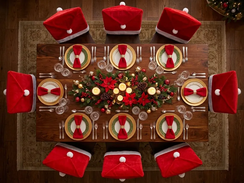 Grande tavola vista dall'alto con 12 sedie vestite con i coprisedie di Babbo Natale