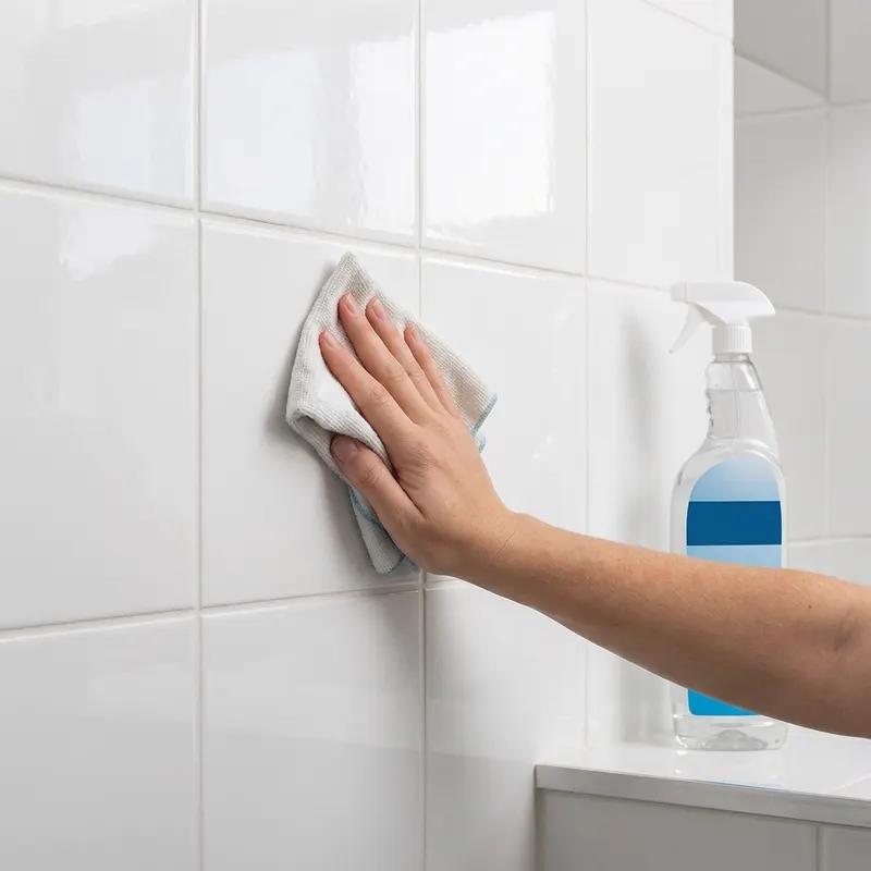 Mână care curăță cu o lavetă faianța netedă din baie înainte de montarea barei