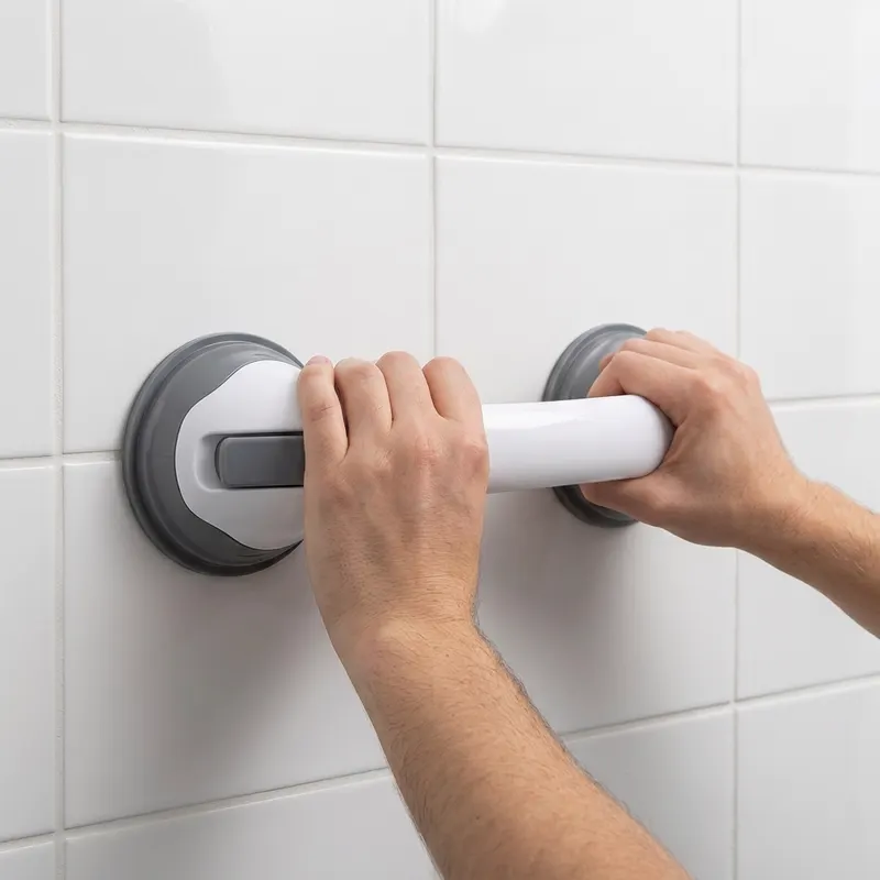 Două mâini care apasă ventuzele barei de sprijin pe faianță