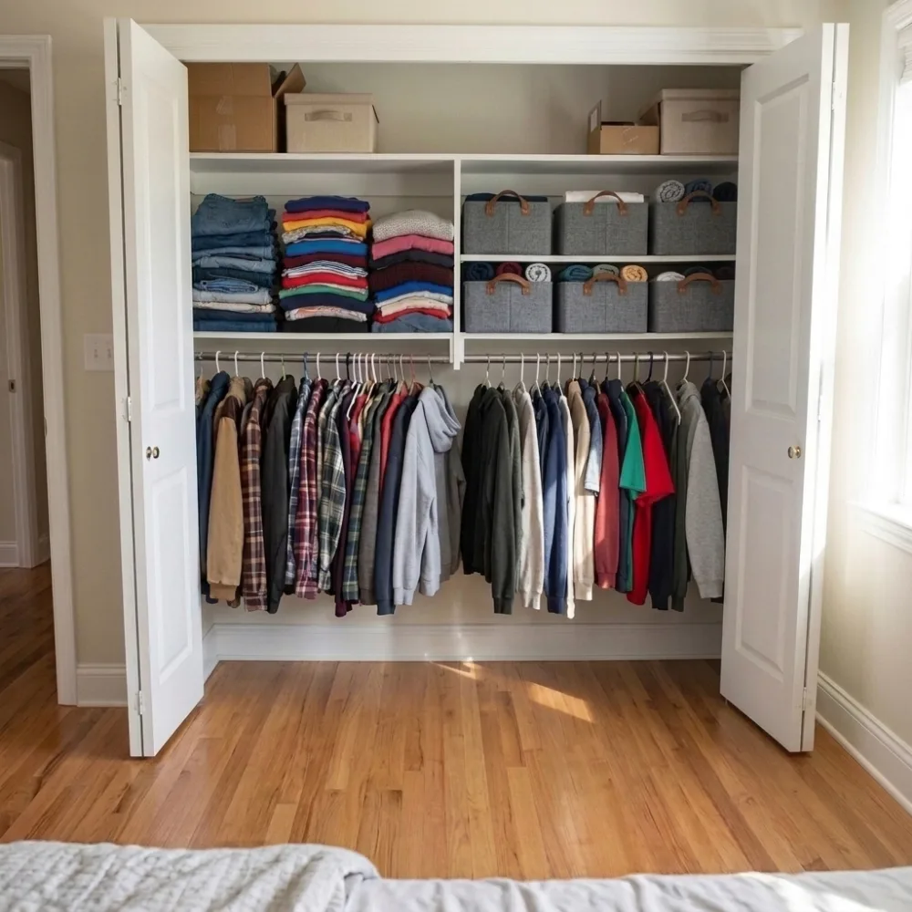 Dopo: armadio in ordine con i vestiti piegati dentro le scatole organizer