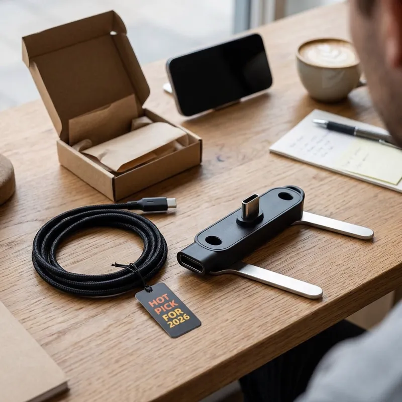 Καλώδιο USB-C και βάση 360° σε ξύλινο τραπέζι με το κινητό όρθιο και το κουτί ανοιχτό